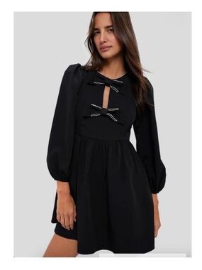 Black Long-Sleeve Mini Dress with Decorative Bows